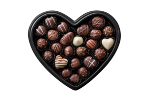 A heart-shaped box filled with assorted chocolates, perfect for gifting and celebratis. png