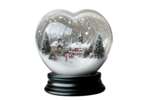 A charming snow globe featuring a winter village scene with snowfall and pine trees, set png