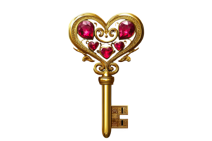 Intricate heart-shaped golden key adorned with red jewels, png