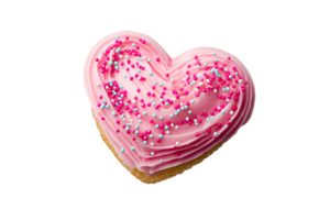 Heart-shaped pink frosted cookie with colorful sprinkles png