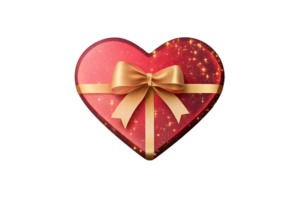 Heart-shaped gift box with a golden bow, adorned with sparkles, png