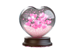 Heart-shaped snow globe filled with pink hearts, creating a whimsical and romantic ambiance. png