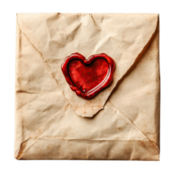 Vintage envelope with a red wax seal, heart shape, symbolizing love and affecti. png
