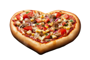 Heart-shaped pizza with toppings of chicken, tomato, and i png