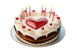 Delicious heart-shaped cake with candles and decorative frosting silver platter. png