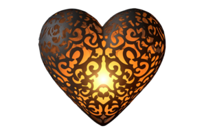 Heart-shaped candle holder with intricate designs, illuminated from within, a white png