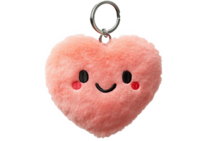 Cute plush heart keychain with a smiling face, perfect for adding charm to bags or keys. png