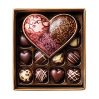 Artfully arranged chocolate box with assorted heart-shaped pralines and elegant design. png