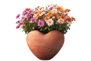 Colorful heart-shaped flower pot filled with vibrant blooms. Ideal for spring and gardening themes. png