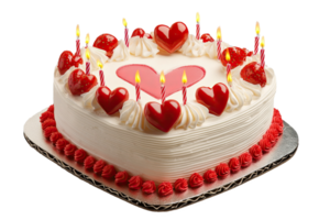 Heart-shaped cake with red decoratis and candles, perfect for celebratis and special occasis. png