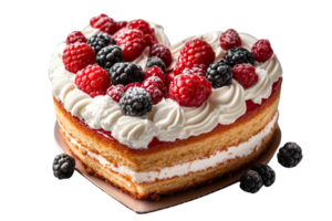 Heart-shaped cake topped with raspberries and blackberries, perfect for special occasis. png