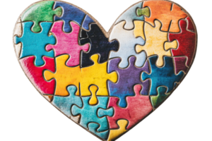 Colorful puzzle pieces shaped like a heart, symbolizing love and unity. png