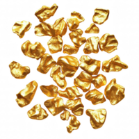 Golden nuggets scattered on transparency background create striking visual. shiny texture and irregular shapes evoke sense of luxury and wealth, making this captivating and eye catching png