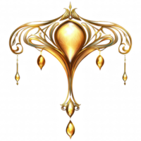 Elegant gold ornament with intricate designs and hanging gems, showcasing luxurious and artistic flair. This decorative piece adds touch of sophistication to any setting png