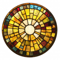 Stained glass window featuring vibrant colors and intricate patterns, creating stunning visual effect. circular design radiates warmth and beauty, enhancing any space with its artistic charm png