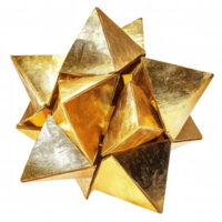 Golden geometric sculpture with multiple pyramids arranged in star like formation, reflecting light beautifully. This artistic piece adds elegance and sophistication to any space png