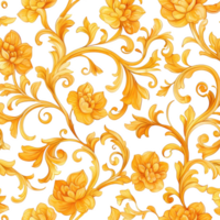 Elegant floral pattern featuring intricate yellow flowers and swirling vines on transparency background, creating vibrant and luxurious design that evokes sense of beauty and sophistication png