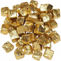 Shiny gold cubes scattered transparency background create luxurious and opulent feel, perfect for representing wealth and prosperity. gleaming surface reflects light beautifully, enhancing their png