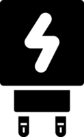Monochrome illustration of a charger adapter icon with a striking lightning bolt design. Useful for energy, electricity, or technology-related concepts. Simple black and white aesthetic for universal png