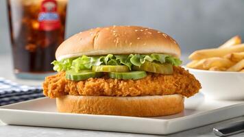 Crispy fried chicken sandwich with lettuce and pickles on a sesame bun photo