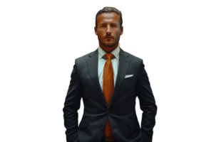 A man in a suit and tie standing with his hands in his pockets png