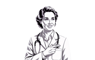 Alto resolução imagem do uma amigáveis fêmea médico dentro uma branco laboratório casaco com uma estetoscópio por aí dela pescoço. ela pontos para a lado com uma caloroso e confiante expressão png