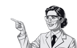 detalhado imagem do uma fêmea cientista dentro uma branco laboratório casaco e segurança copos, apontando para a lado vc png