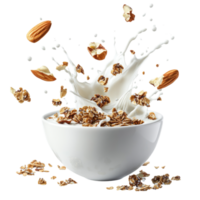 granola and almonds in a bowl with milk image png