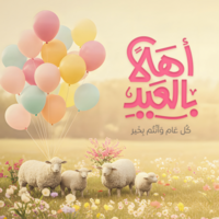 a group of sheep and balloons in a field Eid Mubarak Celebration with Calligraphy Arabic text for greeting card psd