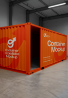 An orange shipping container mockup sits in a warehouse ready for design placement psd