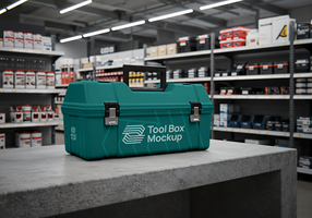 A teal tool box sits on a counter in a hardware store psd