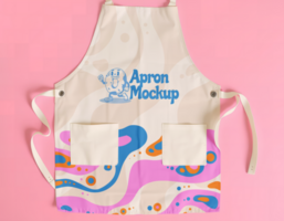 A cream colored apron with a playful design and the words Apron Mockup psd