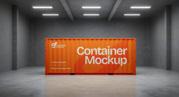 An orange shipping container mockup sits in a stark empty warehouse psd