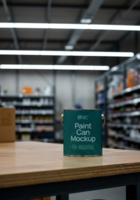 A teal paint can mockup sits on a wooden table in a hardware store psd