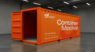 An orange shipping container mockup with the words Container Mockup and Express Shipping is ready for your design psd