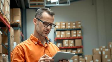 A man stands in a warehouse, holding a tablet computer and carefully checking the inventory list for the presence of goods. photo