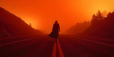 Silhouette of a man in a hood walking on the road in the desert. photo