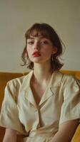 A woman sitting on a yellow chair with her eyes closed photo
