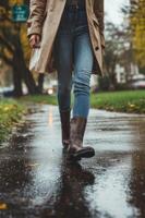 A woman walking in the rain with her umbrella photo