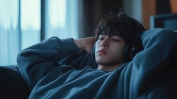 A young man wearing headphones is laying on a couch photo