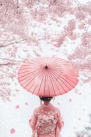 A woman in a pink kimono is holding an umbrella photo