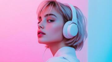 A woman wearing headphones in front of a pink and blue background photo