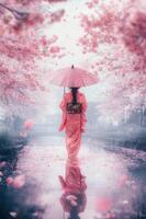 A woman in a kimono walks through a stream of pink flowers photo