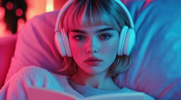 A woman with headphones reading a book photo