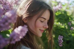 A woman is smiling in front of some purple flowers photo