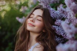 Beautiful woman with eyes closed in front of purple flowers photo
