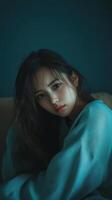 A woman in a blue sweater sitting on a couch photo
