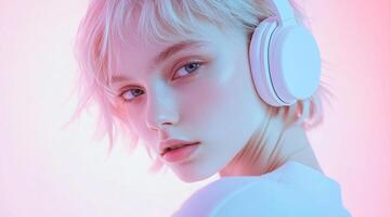 A woman with headphones on in front of a pink and blue background photo