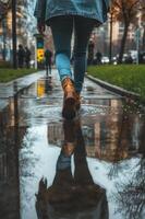 A person walking in the rain with their reflection in the puddle photo