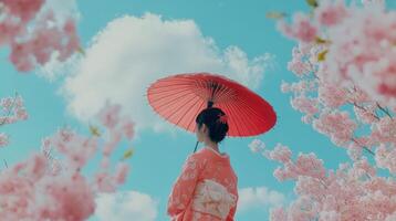 A woman in a red kimono is holding an umbrella photo